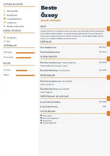 Çocuk Gelişimi Bölümü CV Örnekleri cv indir